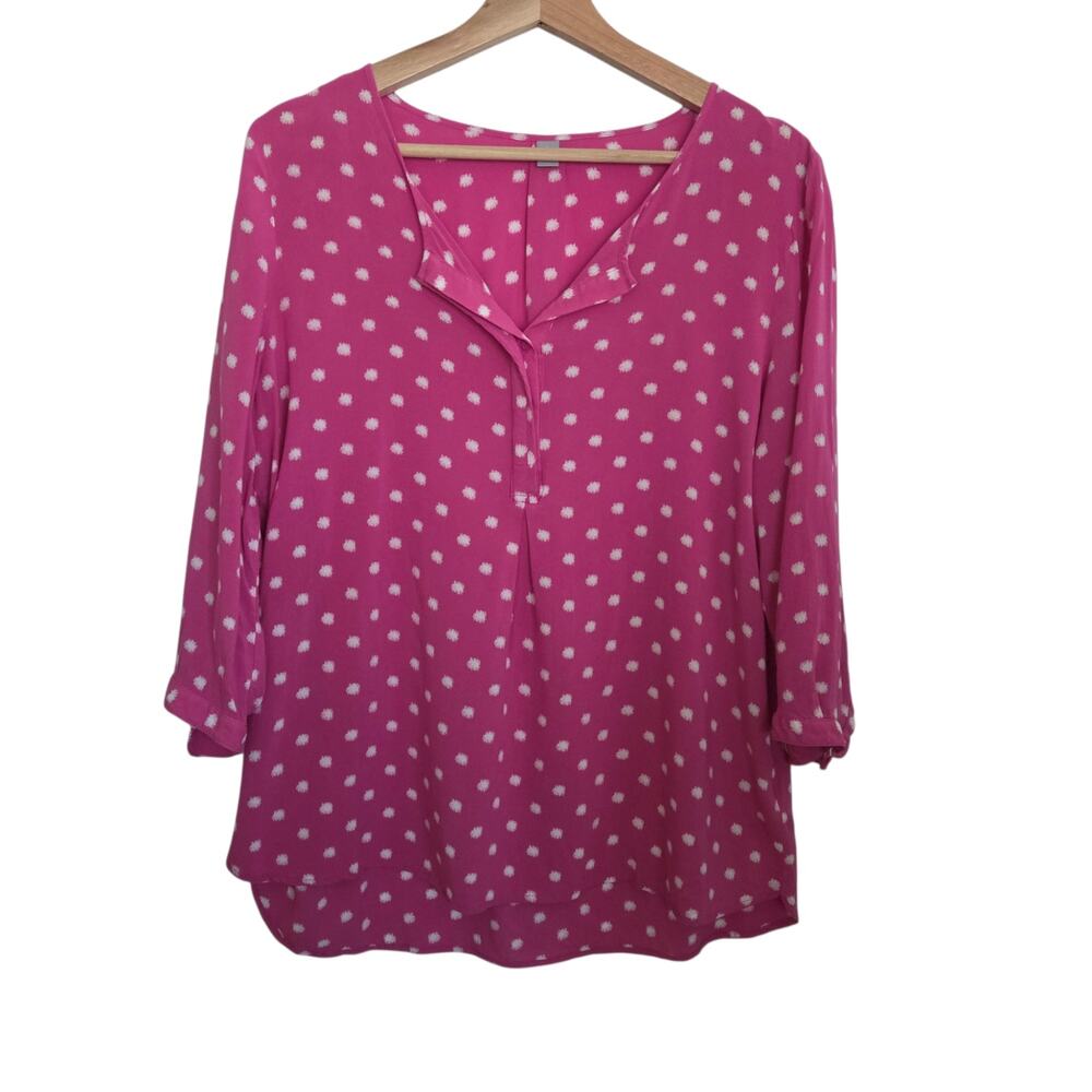 Paint Dab Polka-Dot Pink 3/4 Sleeve Lightweight Rayon Blouse Barbie Preppy LARGE